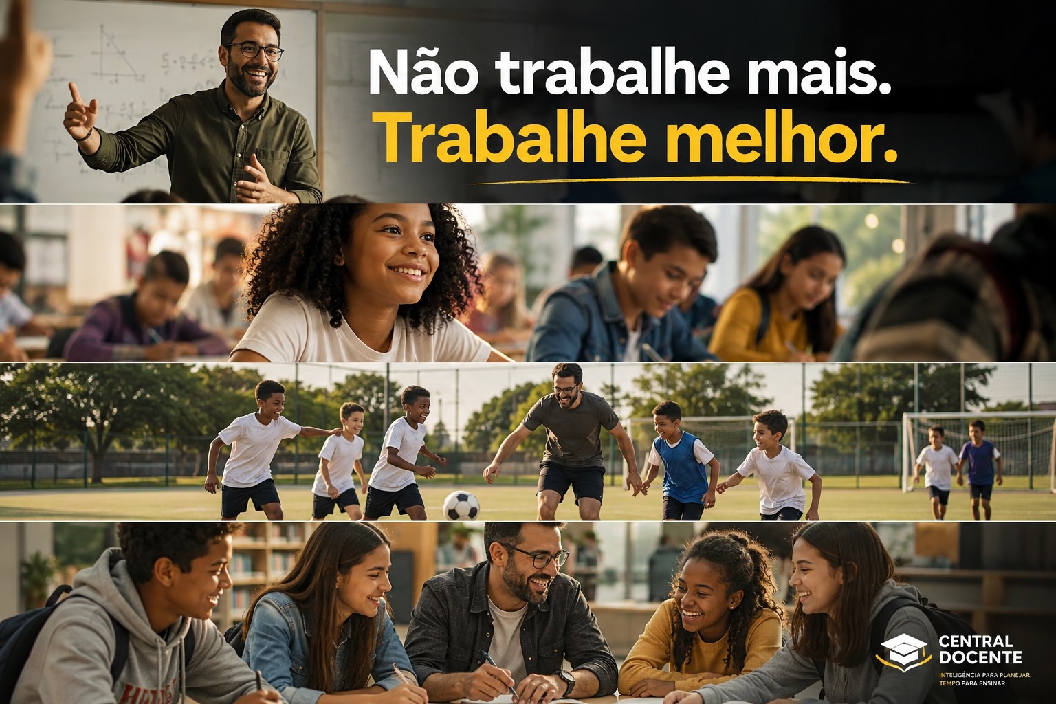 Professor jogando bola e sorrindo com seus alunos