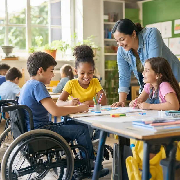 Estudante cadeirante participando de uma atividade inclusiva com a professora